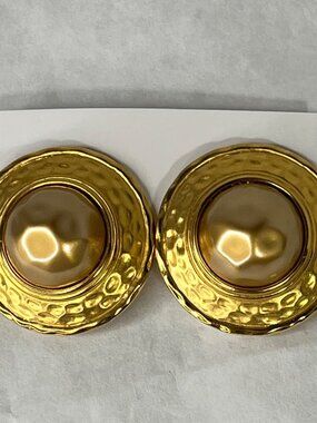 Vintage Gold-Tone Clip-On Earrings With Hammered Design & Faux Pearl Center